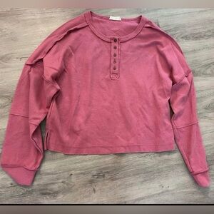 Women's Pink Waffle Henley Crop Top